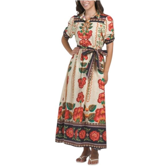 CELINA MOON Short Sleeve Floral Maxi Dress With Belt